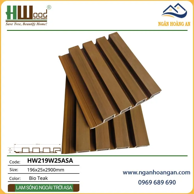 Tấm Ốp Lam Sóng Gỗ Nhựa Ngoài Trời Phủ ASA Hwood HW219W25ASA Bio-Teak