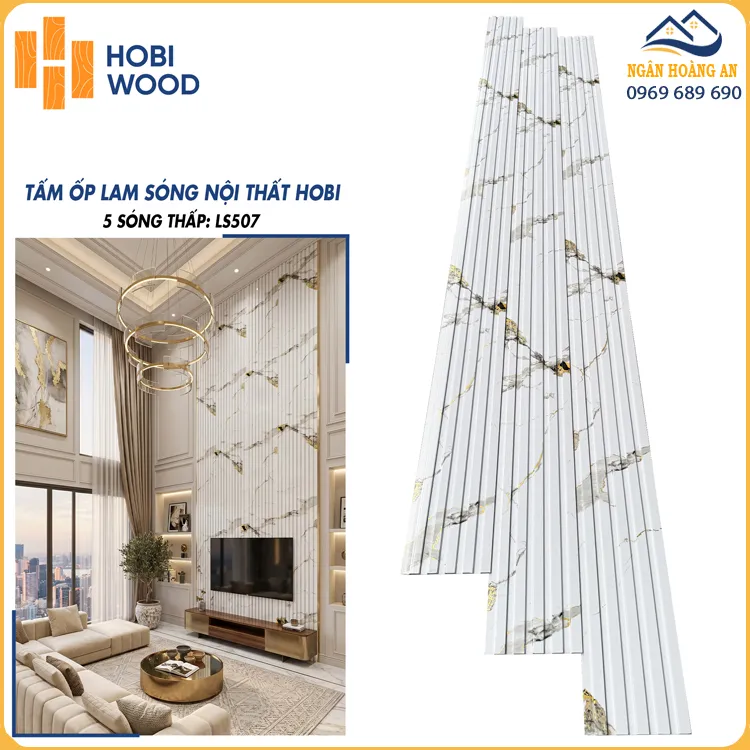 Tấm Ốp Lam Sóng Hobiwood LS507 Vân Đá Trắng Vàng Gold Tấm Ốp Lam Sóng Hobiwood LS507 Vân Đá Trắng Vàng Gold