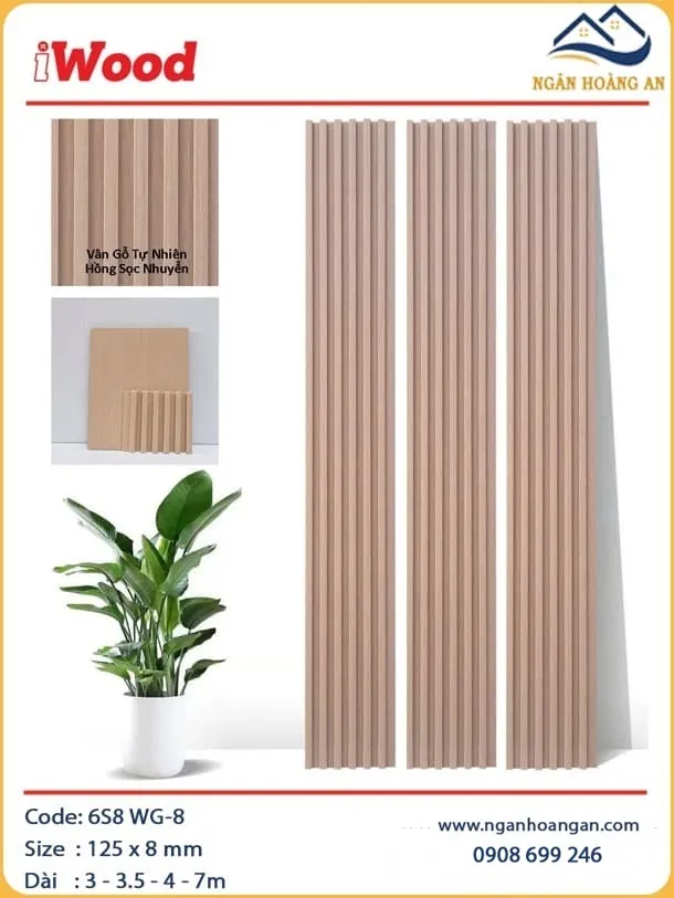 Tấm Ốp Lam Sóng Than Tre Vân Gỗ Hồng Nhạt iWood 6S8 WG-8