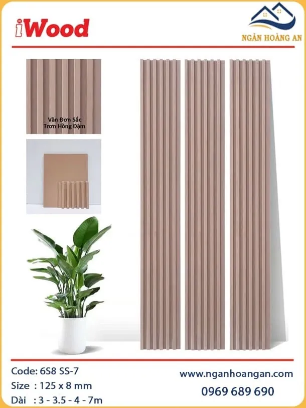 Tấm Ốp Lam Sóng Than Tre Vân Đơn Sắc Trơn Hồng Đậm iWood 6S8 SS-7