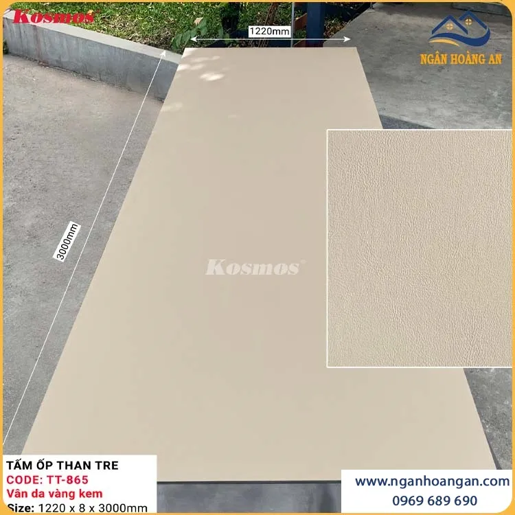 Tấm Ốp Tường Sợi Than Tre Vân Da Vàng Kem Kosmos TT-865 Tấm Ốp Tường Sợi Than Tre Vân Da Vàng Kem Kosmos TT-865