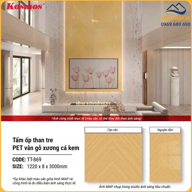 Ứng Dụng Của Tấm Ốp Than Tre Vân Gỗ Xương Cá Vàng Kem PET Kosmos TT-869