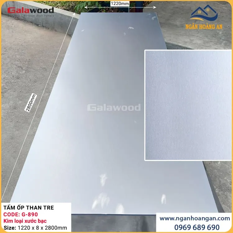 Tấm Ốp Than tre Sợi Đa Năng Kim Loại Xước Bạc Glawood G-890 Tấm Ốp Than tre Sợi Đa Năng Kim Loại Xước Bạc Glawood G-890