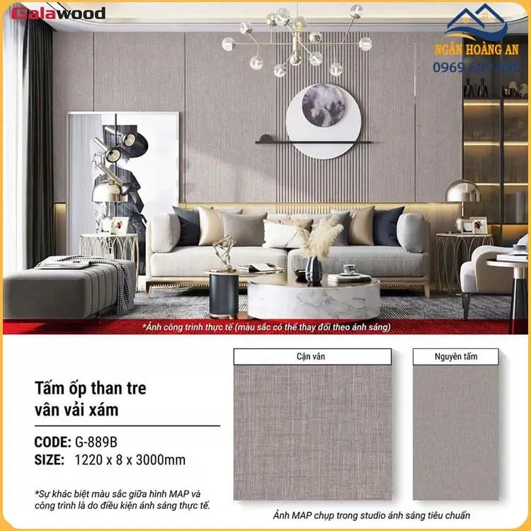 Tấm Ốp Đa Năng Sợi Than Tre Galawood 8mm G-889B Vân Vải Xám
