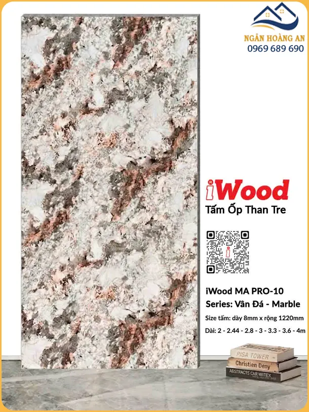 Tấm Ốp Than Tre iWood 8mm MA PRO-10 Vân Hồng Nâu Đá Granite