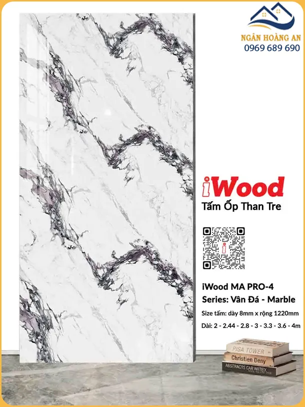 Tấm Ốp Than Tre iWood 8mm MA PRO-4 Vân Đá Trắng Tím