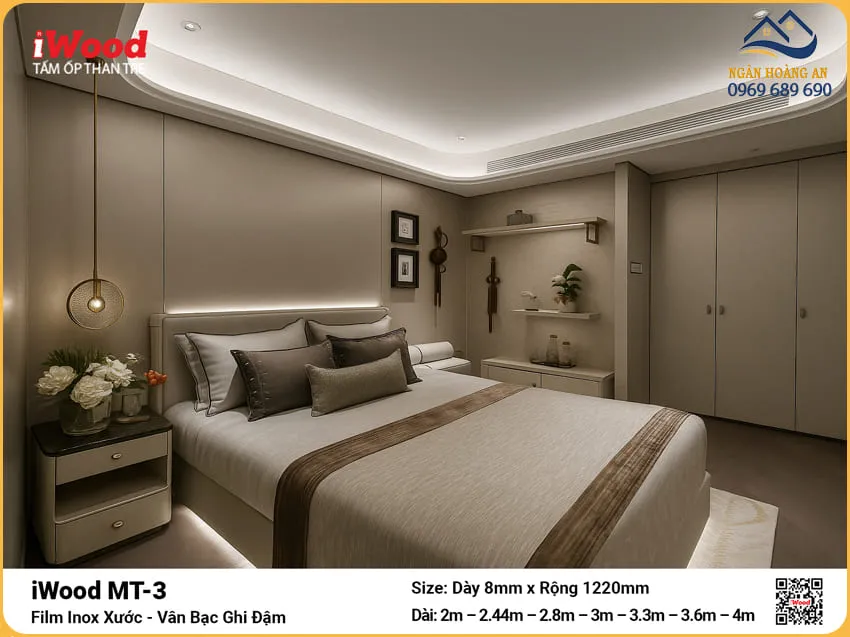 Tấm Ốp Than Tre iWood MT-3 Inox Xước Bạc Ốp Phòng Ngủ