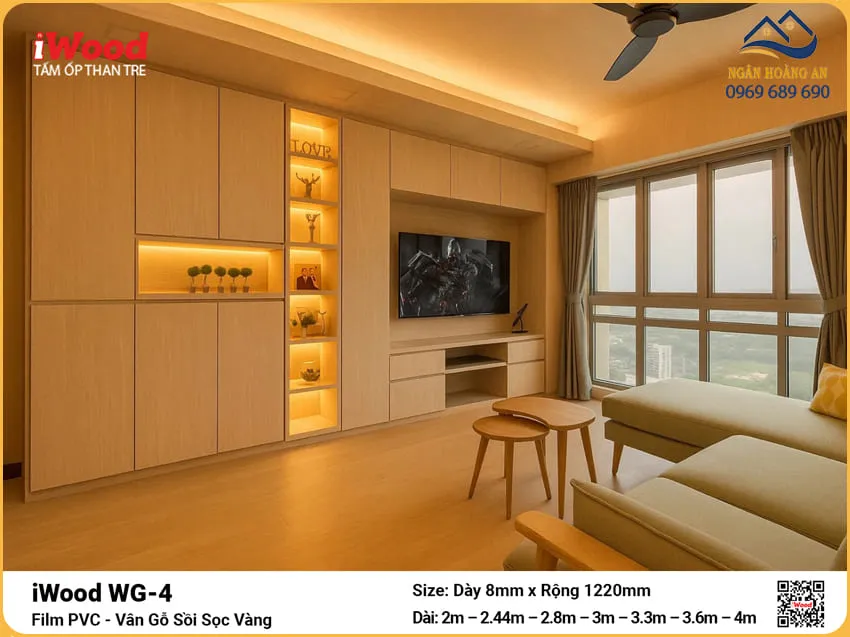 Tấm Ốp Than Tre iWood WG-4 Vân Gỗ Sồi Sọc Vàng Ốp Phòng Khách