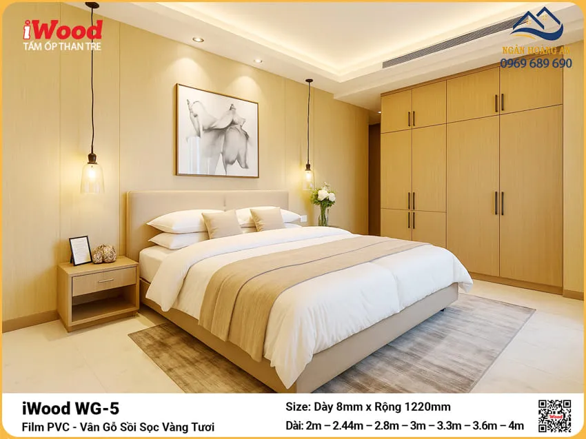 Tấm Ốp Than Tre iWood WG-5 Vân Gỗ Sồi Vàng Ốp Tường Phòng Ngủ