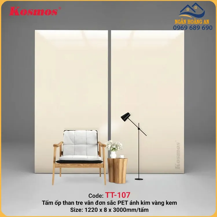 Tấm Ốp Than Tre Kosmos 8mm TT-107 Ánh Kim Vàng Kem Tấm Ốp Than Tre Kosmos 8mm TT-107 Ánh Kim Vàng Kem