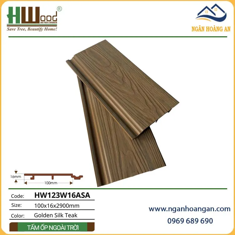 Tấm Ốp Trần Gỗ Nhựa Phủ ASA Hwood HW123W16ASA Golden Silk Teak