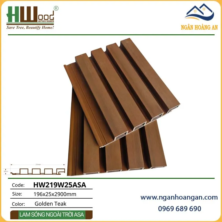 Tấm Ốp Trần Lam Sóng Ngoài Trời ASA Hwood HW219W25ASA Golden Teak