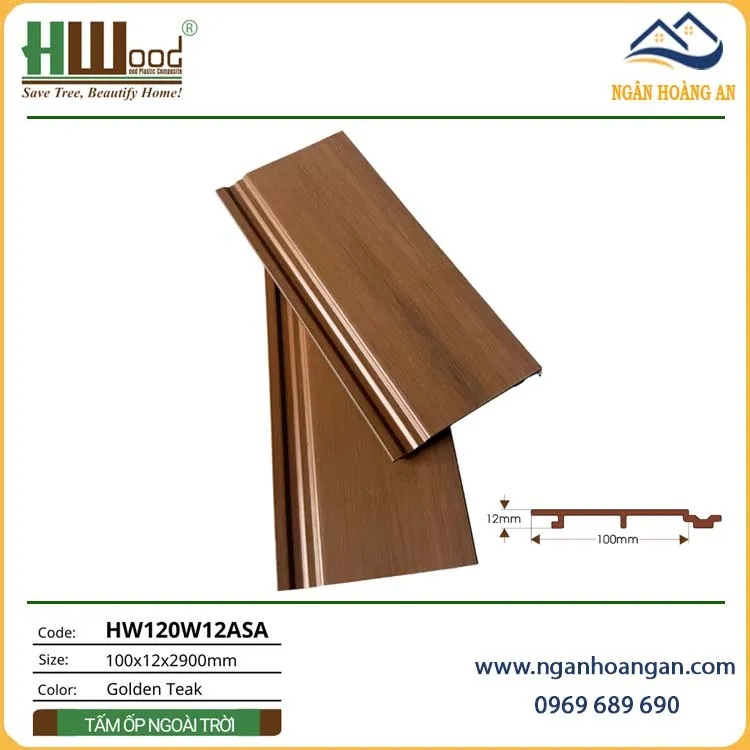 Tấm Ốp Trần Ngoài Trời Phủ ASA Hwood HW120W12ASA Golden Teak
