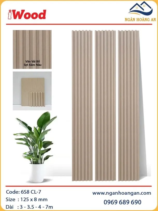 Tấm Ốp Tường Lam Sóng Than Tre Vân Vải Màu Xám Nâu iWood 6S8 CL-7