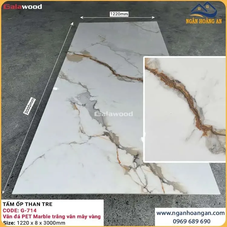 Tấm Ốp Tường Than Tre Galawood G-714 Vân Đá PET Marble Trắng Vân Mây Vàng Tấm Ốp Tường Than Tre Galawood G-714 Vân Đá PET Marble Trắng Vân Mây Vàng