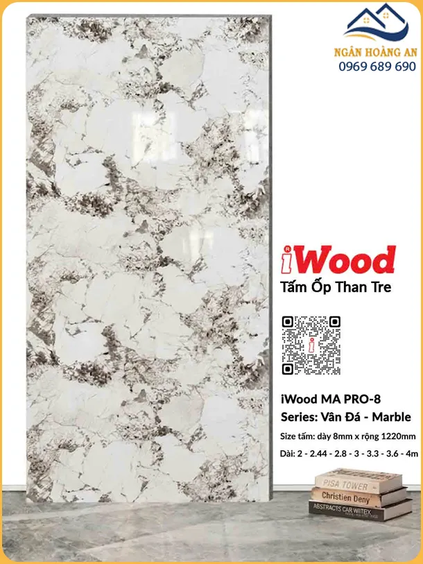 Tấm Ốp Tường Than Tre iWood 8mm MA PRO-8 Vân Đá Trắng Xám Mây