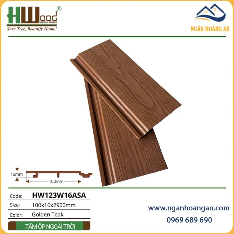 Tấm Ốp Vách Ngoài Trời Phủ ASA Hwood HW123W16ASA Golden Teak