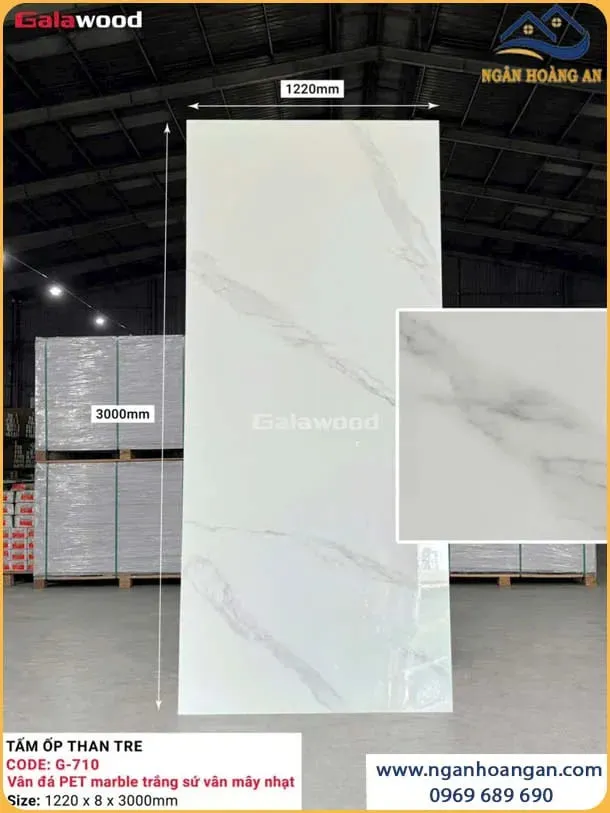 Tấm Than Tre Galawood 8mm G-710 Vân Đá PET Marble Trắng Sứ Vân Mây Nhạt