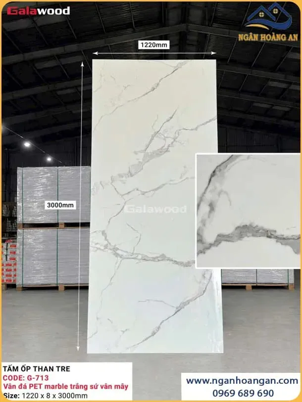 Tấm Ốp Than Tre Galawood Vân Đá PET Marble Trắng Sứ Vân Mây G-713