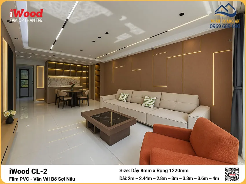 Tấm Than Tre iWood CL-2 Vân Vải Bố Sợi Nâu Ốp Phòng Khách