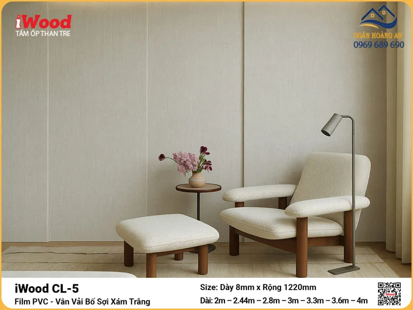 Tấm Than Tre iWood CL-5 Vân Vải Bố Sợi Xám Trắng Cắt Theo Yêu Cầu Tấm Than Tre iWood CL-5 Vân Vải Bố Sợi Xám Trắng Cắt Theo Yêu Cầu