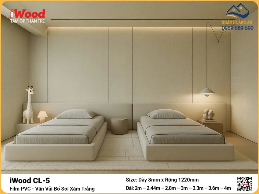 Tấm Than Tre iWood CL-5 Vân Vải Bố Sợi Xám Trắng Ốp Tường Phòng Ngủ Tấm Than Tre iWood CL-5 Vân Vải Bố Sợi Xám Trắng Ốp Tường Phòng Ngủ