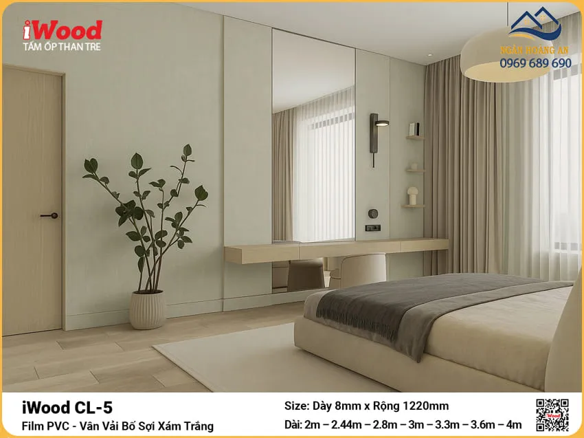 Tấm Than Tre iWood CL-5 Vân Vải Bố Sợi Xám Trắng Trang Trí Nội Thất Tấm Than Tre iWood CL-5 Vân Vải Bố Sợi Xám Trắng Trang Trí Nội Thất