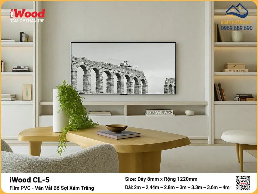 Tấm Than Tre iWood CL-5 Vân Vải Xám Trắng Trang Trí Nhà Ở Tấm Than Tre iWood CL-5 Vân Vải Xám Trắng Trang Trí Nhà Ở