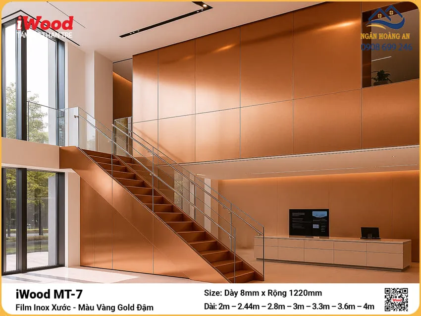 Tấm Than Tre iWood MT-7 Film Inox Vàng Gold Đậm Ốp Văn Phòng