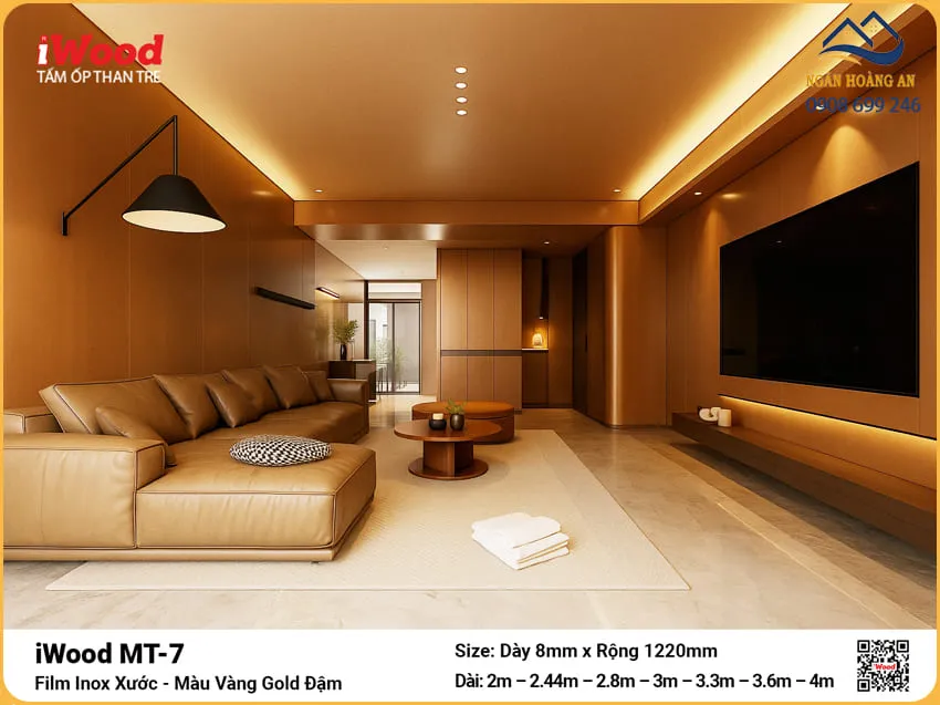 Tấm Than Tre iWood MT-7 Film Inox Vàng Gold Ốp Phòng Khách