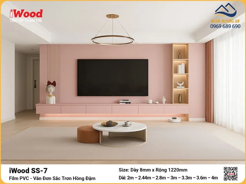 Tấm Than Tre iWood SS-7 Trơn Hồng Đậm Ốp Vách Tivi