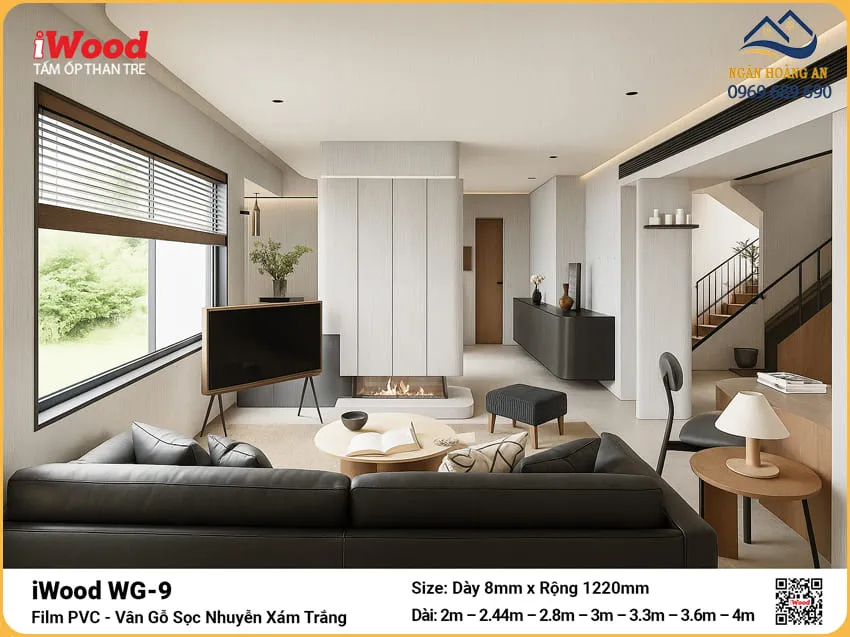 Tấm Than Tre iWood WG-9 Vân Gỗ Sọc Trắng Xám Độ Dày Đa Dạng