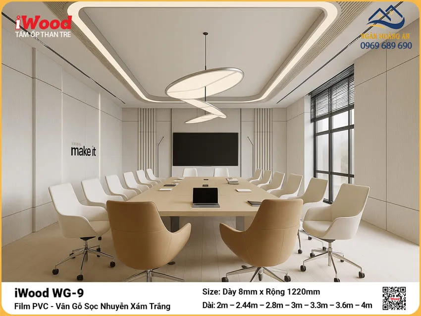 Tấm Than Tre iWood WG-9 Vân Gỗ Trắng Xám Ốp Phòng Hợp