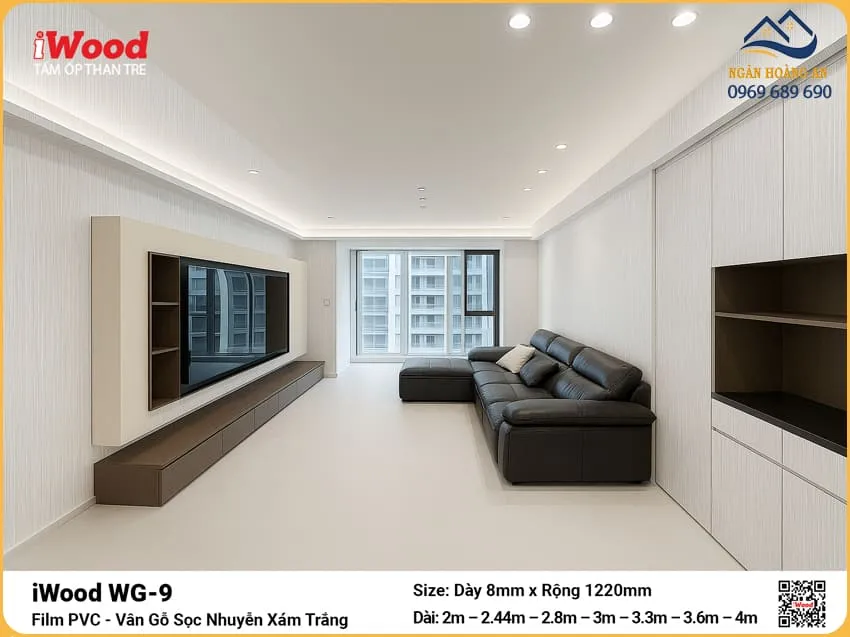 Tấm Than Tre iWood WG-9 Vân Gỗ Trắng Xám Ốp Phòng Khách