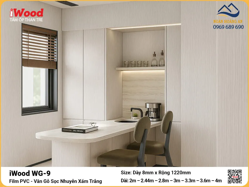 Tấm Than Tre iWood WG-9 Vân Gỗ Trắng Xám Ốp Phòng Làm Việc