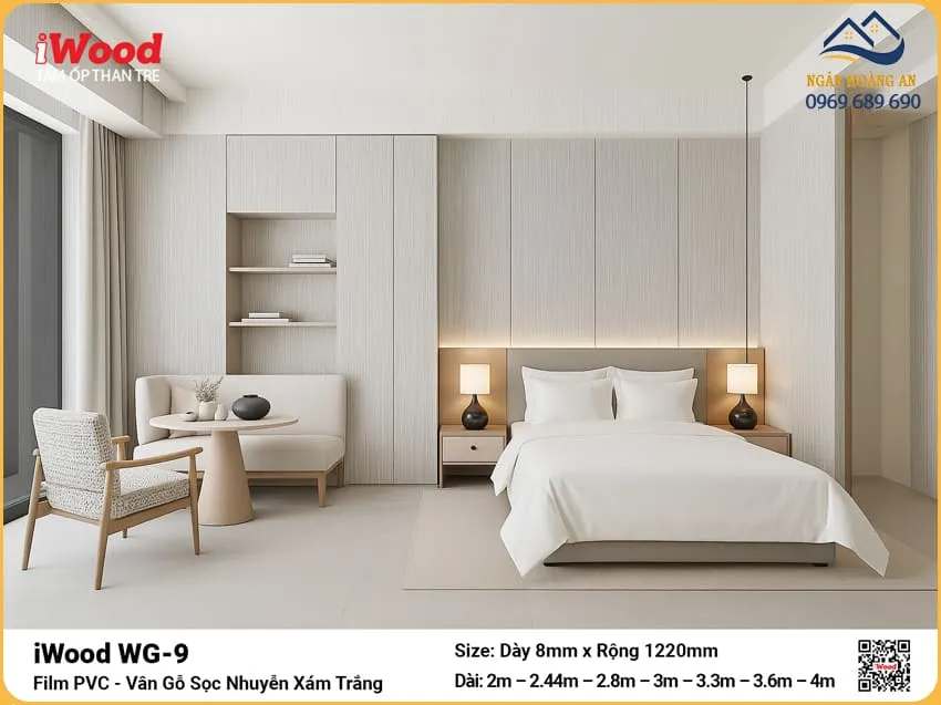 Tấm Than Tre iWood WG-9 Vân Gỗ Trắng Xám Trang Trí Phòng Ngủ