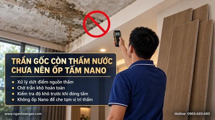 Thi Công Ốp Trần Tấm Nano Nhựa Khi Trần Gốc Còn Thấm Nước