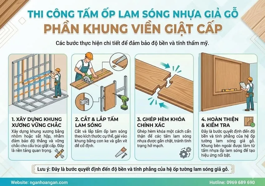 Thi Công Tấm Ốp Lam Sóng Nhựa Giả Gỗ Phần Khung Viền Giật Cấp