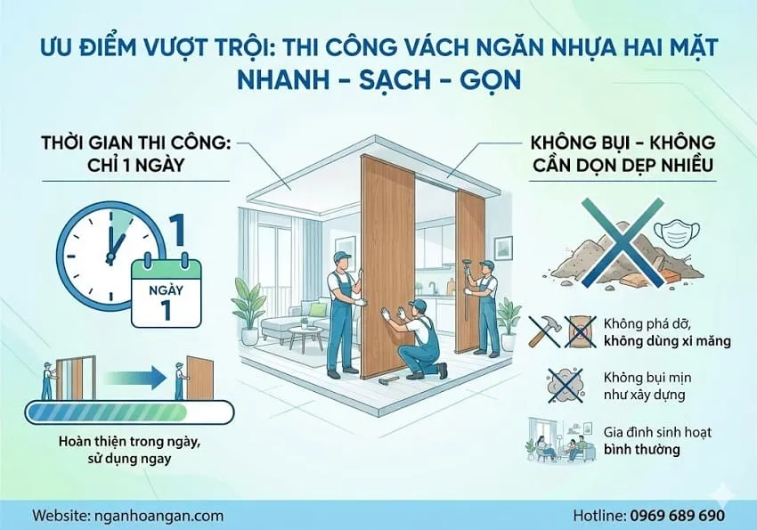 Thi Công Vách Ngăn Hai Mặt Nhanh – Không Bụi – Không Cần Dọn Dẹp Nhiều