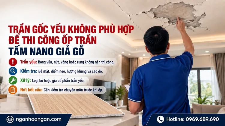 Trần Gốc Yếu Không Phù Hợp Để Thi Công Ốp Trần Tấm Nano Giả Gỗ Trần Gốc Yếu Không Phù Hợp Để Thi Công Ốp Trần Tấm Nano Giả Gỗ