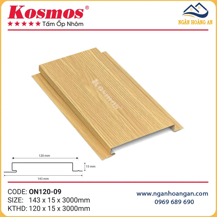 Trần Nhôm Phẳng Ốp Ban Công Kosmos ON120-09 Vân Gỗ Vàng Sồi Nhạt