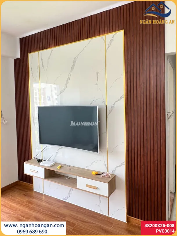 Trang Trí Vách Tivi Bằng Lam Sóng Và PVC Giả Đá