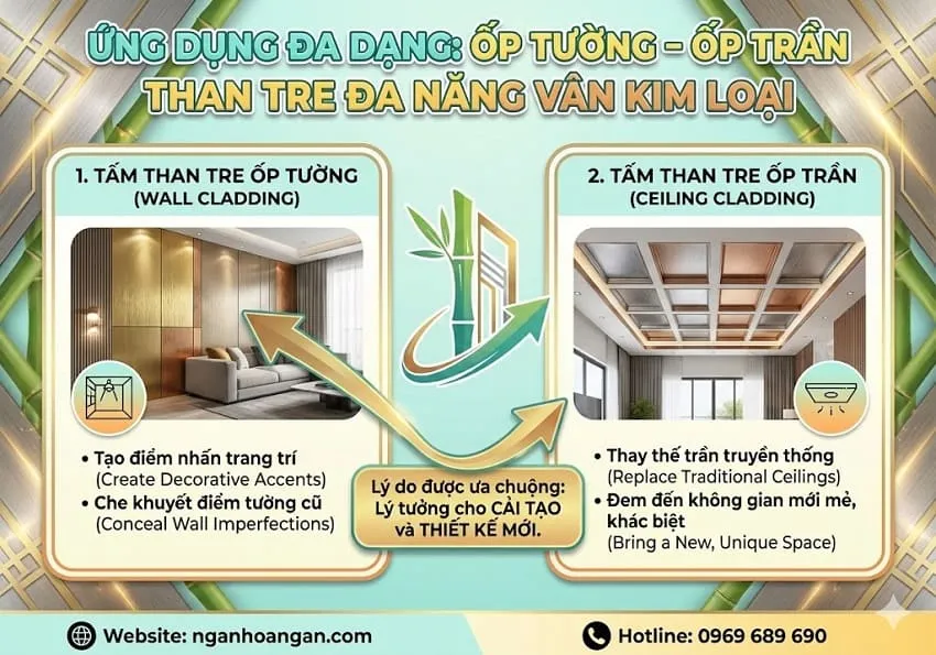 Ứng Dụng Đa Dạng Ốp Tường – Ốp Trần Than Tre Đa Năng Vân Kim Loại