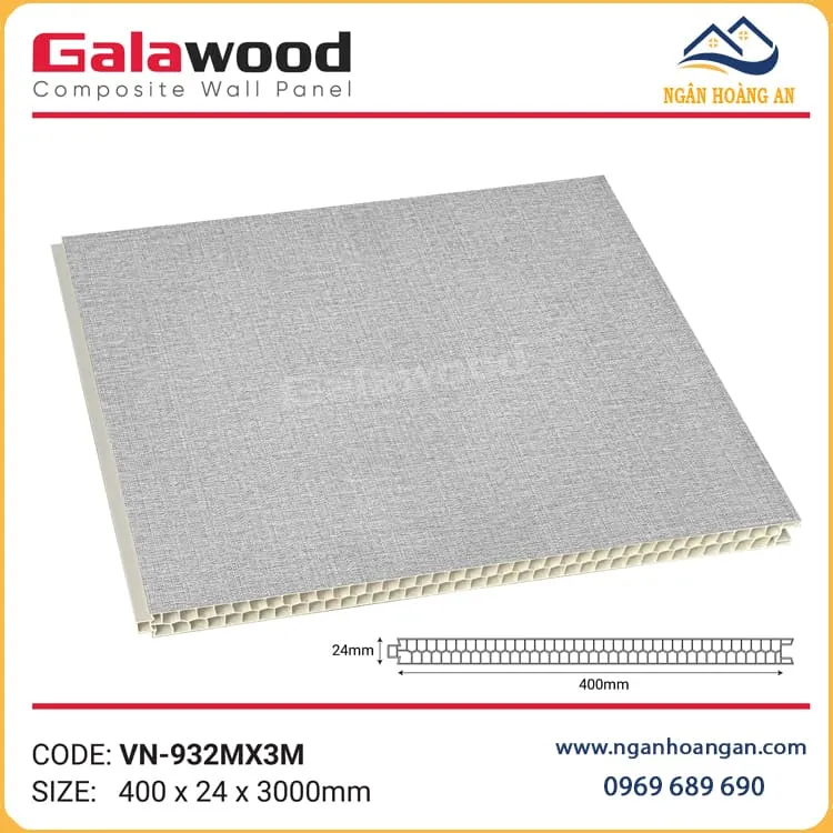 Vách Ngăn 2 Mặt Nhựa PVC Galawood 24mm VN-932MX3M Vân Vải Xám
