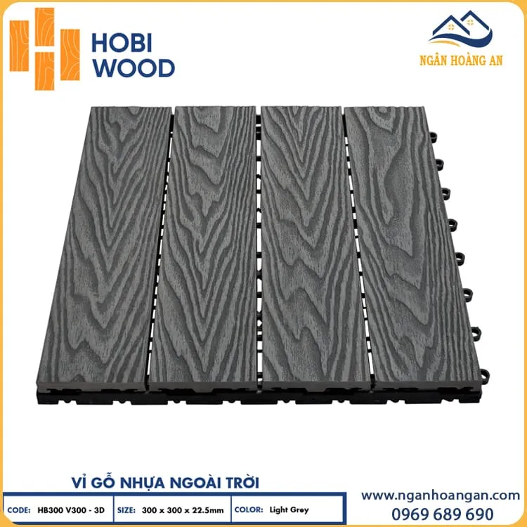 Vỉ Gỗ Nhựa Ngoài Trời Lót Sàn Ban Công Hobiwood Vân 3D-Light Grey